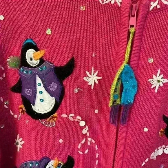 Tiara International Christmas Collection Ugly Sweater Penguins Zip Cardigan XL - Picture 5 of 7